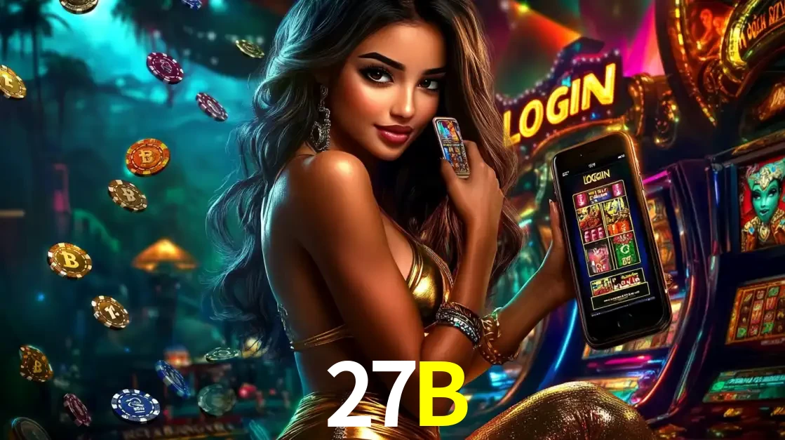 Mulher em um cenário de cassino temático de aventura, mostrando o app de caça-níqueis da 27B no celular. Fichas de apostas flutuam ao redor.